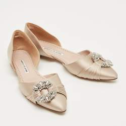 Pre Owned Manolo Blahnik Beige Satin Luanda Crystal Embellish Ballet Flats Size 38