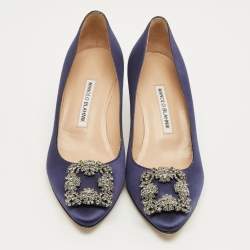 Pre Owned Manolo Blahnik Navy Blue Satin Hangisi Pumps Size 39.5
