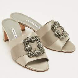 Pre Owned Manolo Blahnik Grey Satin Martamod Slide Sandals Size 40.5