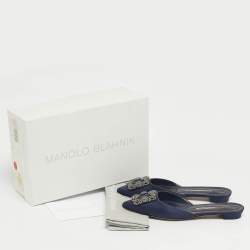 Pre Owned Manolo Blahnik Navy Blue Satin Hangisi Crystal Embellished Flat Mules Size 36.5