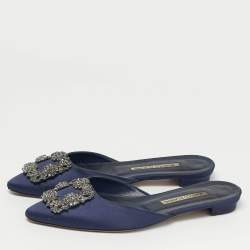 Pre Owned Manolo Blahnik Navy Blue Satin Hangisi Crystal Embellished Flat Mules Size 36.5