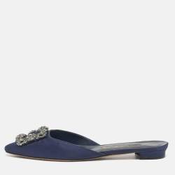 Pre Owned Manolo Blahnik Navy Blue Satin Hangisi Crystal Embellished Flat Mules Size 36.5