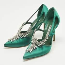 Pre Owned Manolo Blahnik Green Satin Lala Pumps Size 40