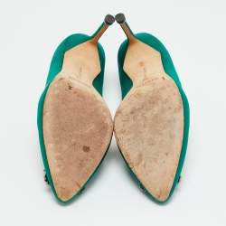 Pre Owned Manolo Blahnik Green Satin Hangisi Pumps Size 38