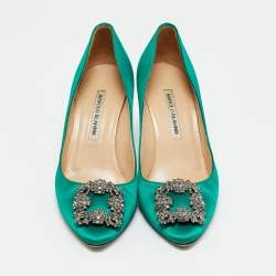 Pre Owned Manolo Blahnik Green Satin Hangisi Pumps Size 38