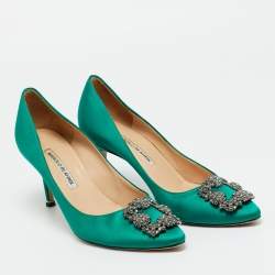 Pre Owned Manolo Blahnik Green Satin Hangisi Pumps Size 38