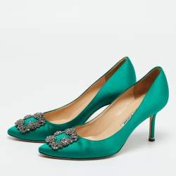 Pre Owned Manolo Blahnik Green Satin Hangisi Pumps Size 38
