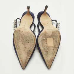 مملوكة مسبقًا Manolo Blahnik Lurum Size 37.5 Navy Blue Satin Heel Mules
