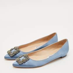 Pre Owned Manolo Blahnik Hangisi Size 39.5 Blue Satin Ballet Flats
