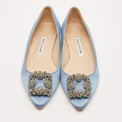 Pre Owned Manolo Blahnik Hangisi Size 39.5 Blue Satin Ballet Flats