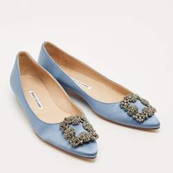 Pre Owned Manolo Blahnik Hangisi Size 39.5 Blue Satin Ballet Flats