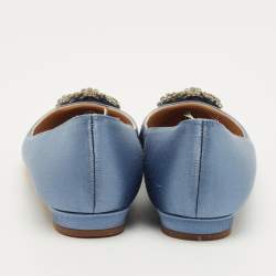Pre Owned Manolo Blahnik Hangisi Size 39.5 Blue Satin Ballet Flats