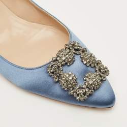 Pre Owned Manolo Blahnik Hangisi Size 39.5 Blue Satin Ballet Flats