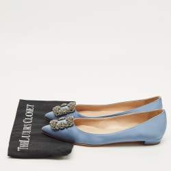 Pre Owned Manolo Blahnik Hangisi Size 39.5 Blue Satin Ballet Flats