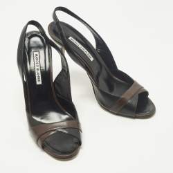 مملوكة مسبقًا Manolo Blahnik Size 40 Brown/Black Leather Peep Toe Slingback Pumps