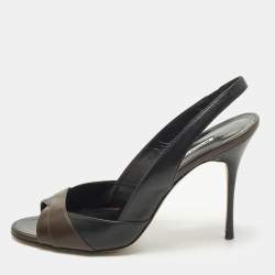 مملوكة مسبقًا Manolo Blahnik Size 40 Brown/Black Leather Peep Toe Slingback Pumps