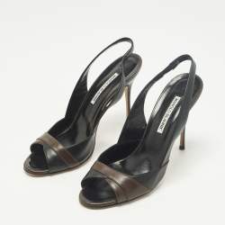 مملوكة مسبقًا Manolo Blahnik Size 40 Brown/Black Leather Peep Toe Slingback Pumps