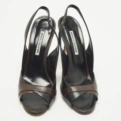 مملوكة مسبقًا Manolo Blahnik Size 40 Brown/Black Leather Peep Toe Slingback Pumps
