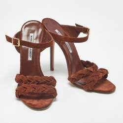 مملوكة مسبقًا صندل مانولو بلانيك سويدي مضفر بني مقدمة مفتوحة مقاس 41