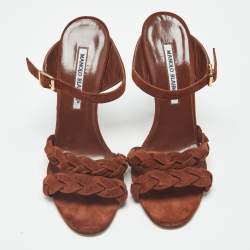 مملوكة مسبقًا صندل مانولو بلانيك سويدي مضفر بني مقدمة مفتوحة مقاس 41