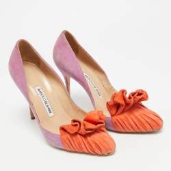 مملوكة مسبقًا Manolo Blahnik Size 39 Purple/Orange Suede Ruffle Pumps