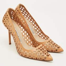 Pre Owned حذاء كعب عالي مانولو بلانيك بي بي ليزراتو جلد ليزر بني مقاس 36