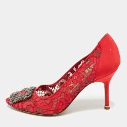 مملوكة مسبقًا Manolo Blahnik Hangisi Size 36 Red Canvas and Lace Pumps