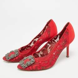 مملوكة مسبقًا Manolo Blahnik Hangisi Size 36 Red Canvas and Lace Pumps