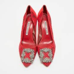 مملوكة مسبقًا Manolo Blahnik Hangisi Size 36 Red Canvas and Lace Pumps