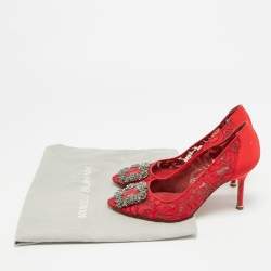 مملوكة مسبقًا Manolo Blahnik Hangisi Size 36 Red Canvas and Lace Pumps