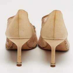 Pre Owned حذاء كعب عالي مانولو بلانيك هانغيسي قماش ودانتيل بيج/زهري مرصع بالكريستال مقاس 36