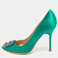 Pre Owned Manolo Blahnik Hangisi Size 39 Green Satin Pumps