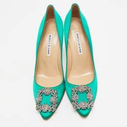 Pre Owned Manolo Blahnik Hangisi Size 39 Green Satin Pumps