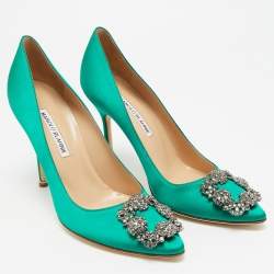 Pre Owned Manolo Blahnik Hangisi Size 39 Green Satin Pumps