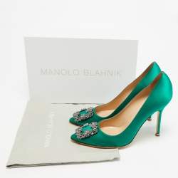 Pre Owned Manolo Blahnik Hangisi Size 39 Green Satin Pumps
