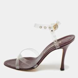 Pre Owned Manolo Blahnik Size 38.5 Transparent/Metallic Leather and PVC Ankle Strap Sandals