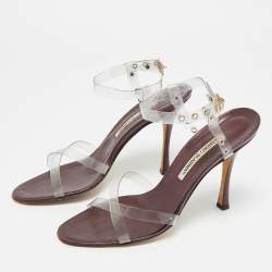 Pre Owned Manolo Blahnik Size 38.5 Transparent/Metallic Leather and PVC Ankle Strap Sandals