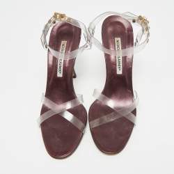Pre Owned Manolo Blahnik Size 38.5 Transparent/Metallic Leather and PVC Ankle Strap Sandals