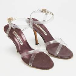 Pre Owned Manolo Blahnik Size 38.5 Transparent/Metallic Leather and PVC Ankle Strap Sandals