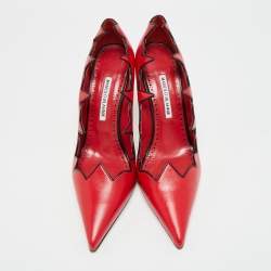 Pre Owned Manolo Blahnik Scalloped Size 40.5 Red/Black Leather Pumps