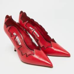 Pre Owned Manolo Blahnik Scalloped Size 40.5 Red/Black Leather Pumps