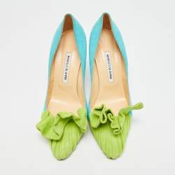 Pre Owned حذاء كعب عالي مانولو بلانيك جلد أزرق/أخضر مقاس 40.5 بشراشيب أرليتي