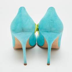 Pre Owned حذاء كعب عالي مانولو بلانيك جلد أزرق/أخضر مقاس 40.5 بشراشيب أرليتي