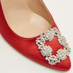 Pre Owned Manolo Blahnik Hangisi Size 38.5 Red Satin Pumps