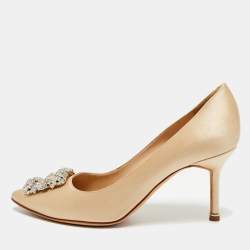 Pre Owned Manolo Blahnik Hangisi Size 38.5 Beige Satin Pumps