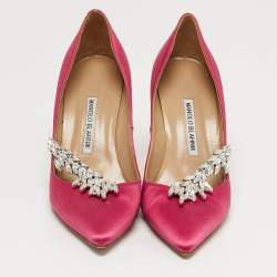 Pre Owned Manolo Blahnik Nadira Size 38.5 Pink Satin Jewel Embellished Pointed Toe Pumps