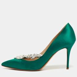 Pre Owned Manolo Blahnik Nadira Size 38.5 Green Satin Jewel Embellished Pointed Toe Pumps