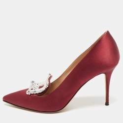 Pre Owned Manolo Blahnik Borlak Size 38.5 Burgundy Satin Crystal Embellished Pointed Toe Pumps