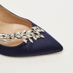 مملوكة مسبقًا Manolo Blahnik Nadira Size 38.5 Navy Blue Satin Crystal Embellished Pumps