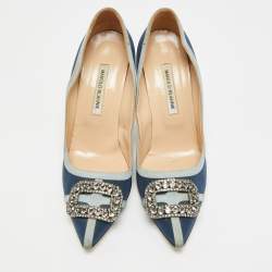 مملوكة مسبقًا حذاء كعب عالي مانولو بلانيك قماشي أزرق مزخرف بالكريستال مقاس 41